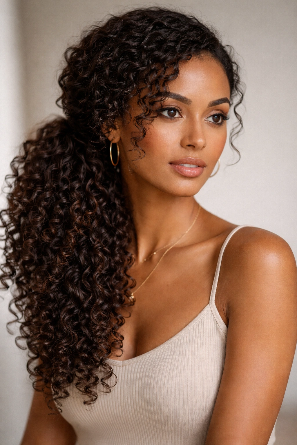 Close-up of curly hair styled into a textured side ponytail highlighting defined curls