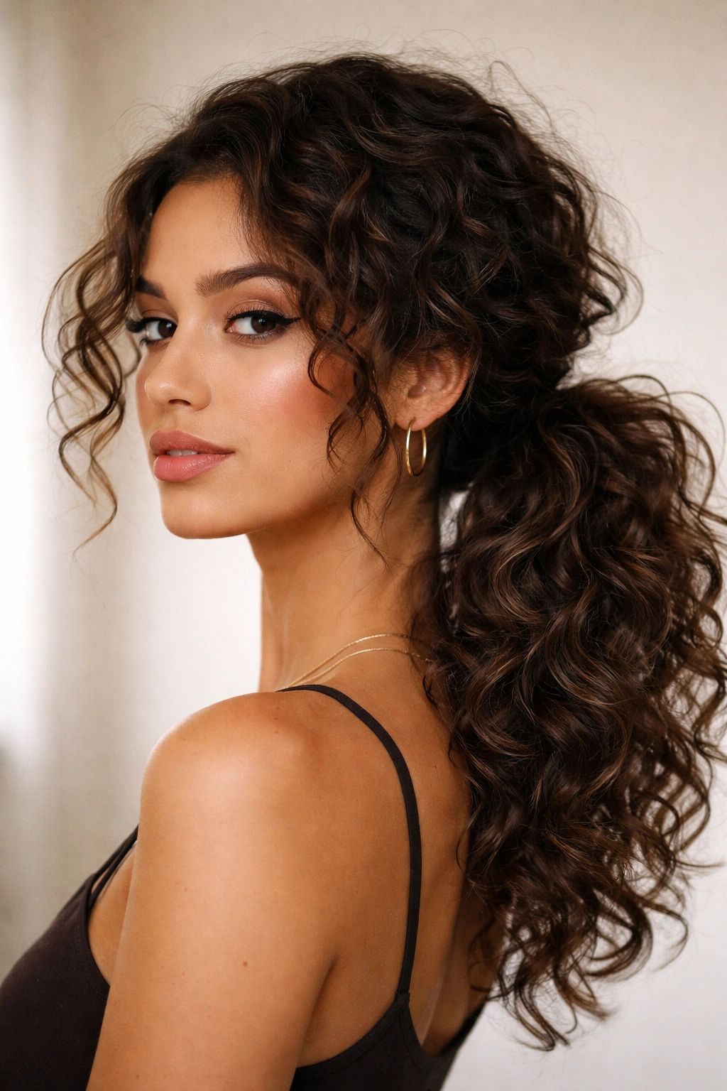 Side ponytail with curls cascading over shoulder