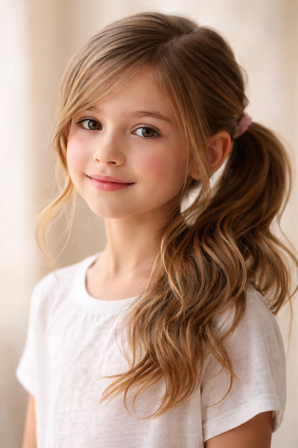 Side ponytail with loose face-framing pieces creating a soft romantic look.