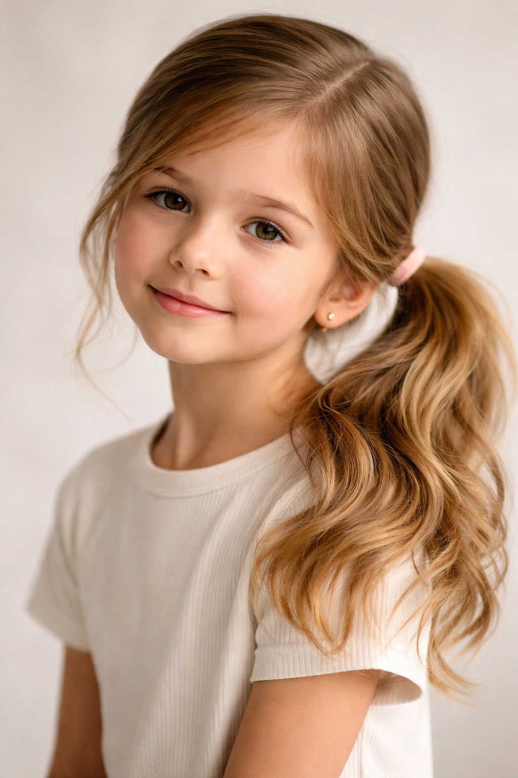 Hair gathered to one side into a ponytail with a subtle wave
