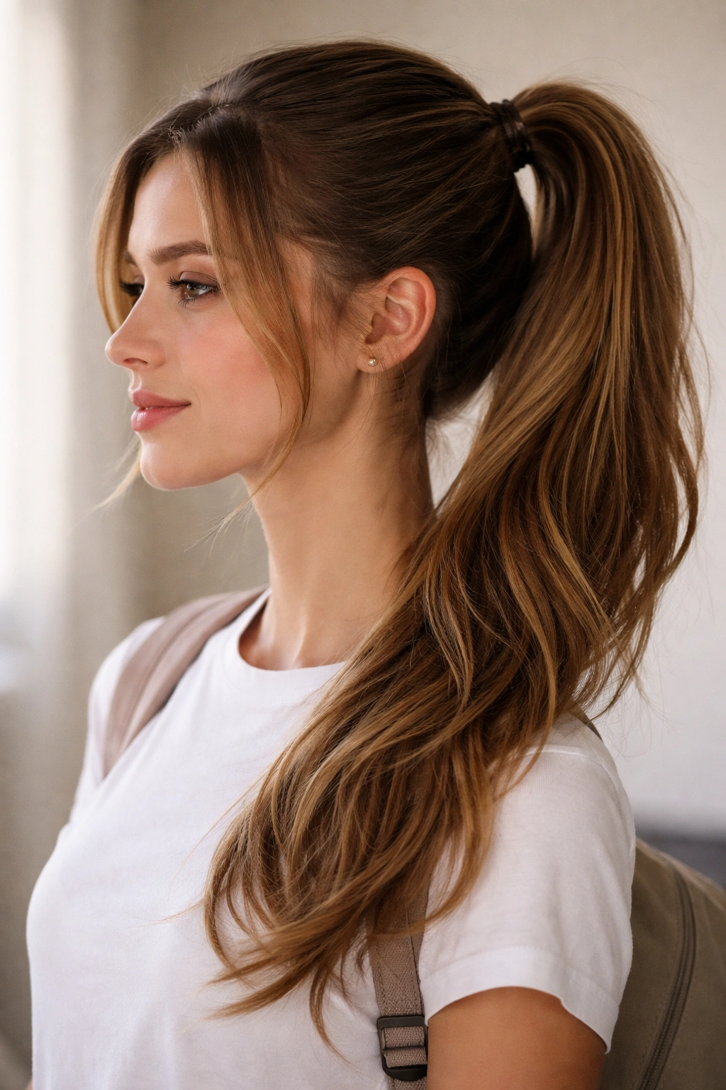 Side-profile view of a high side ponytail showing length and texture