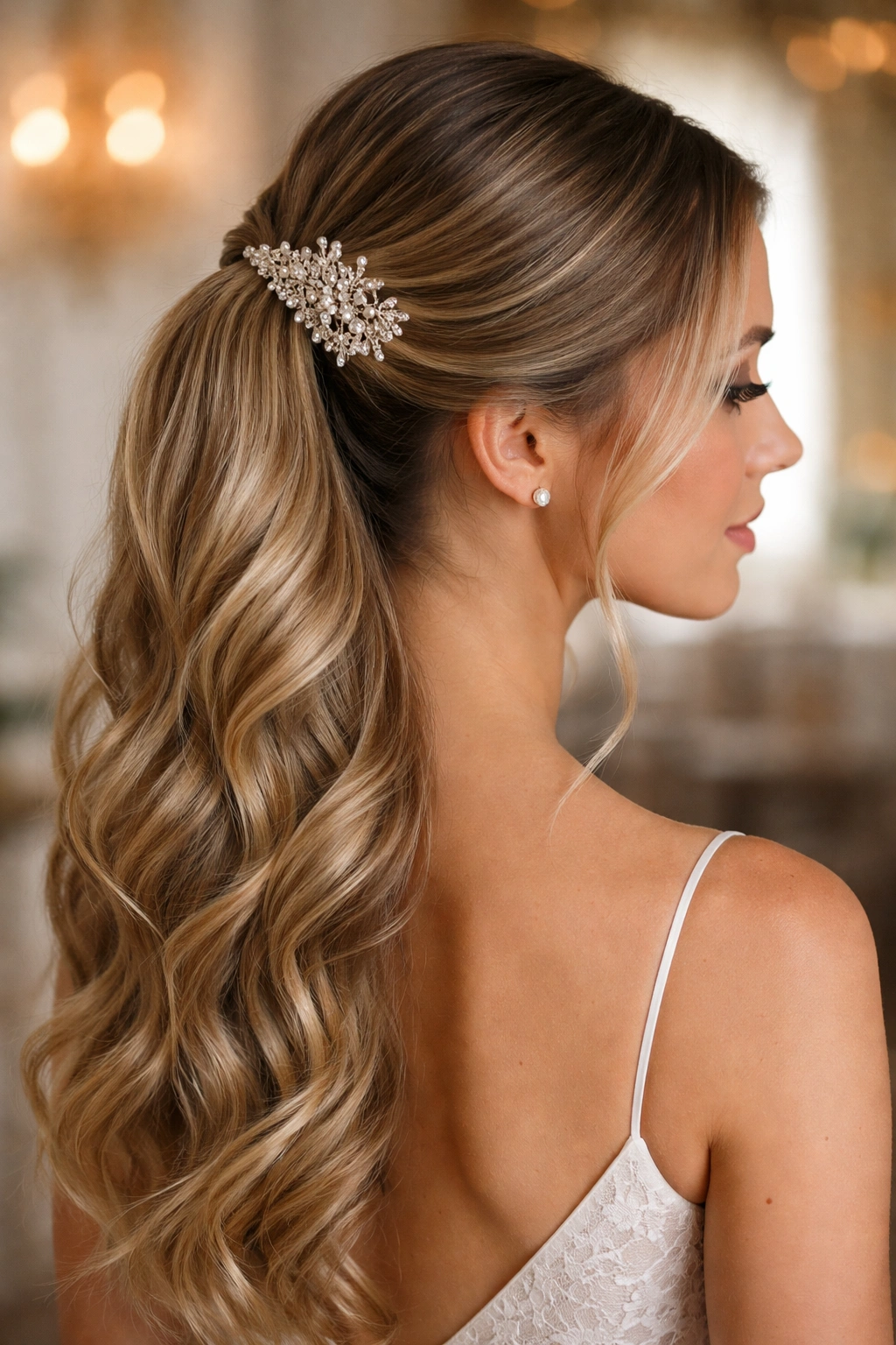 Sleek side ponytail secured with a jeweled comb and soft waves