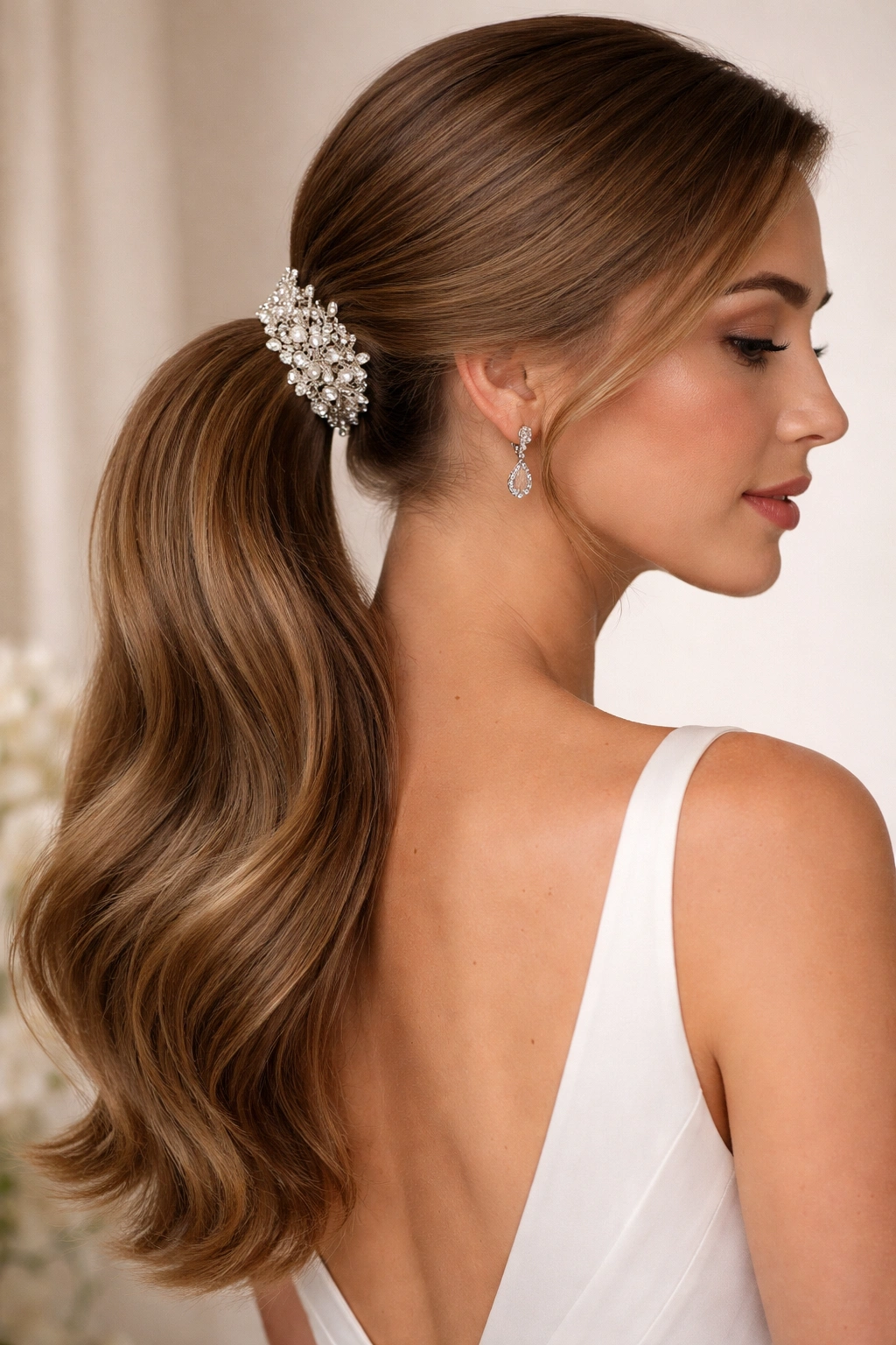 Close-up profile of a sleek side ponytail secured with a jeweled comb