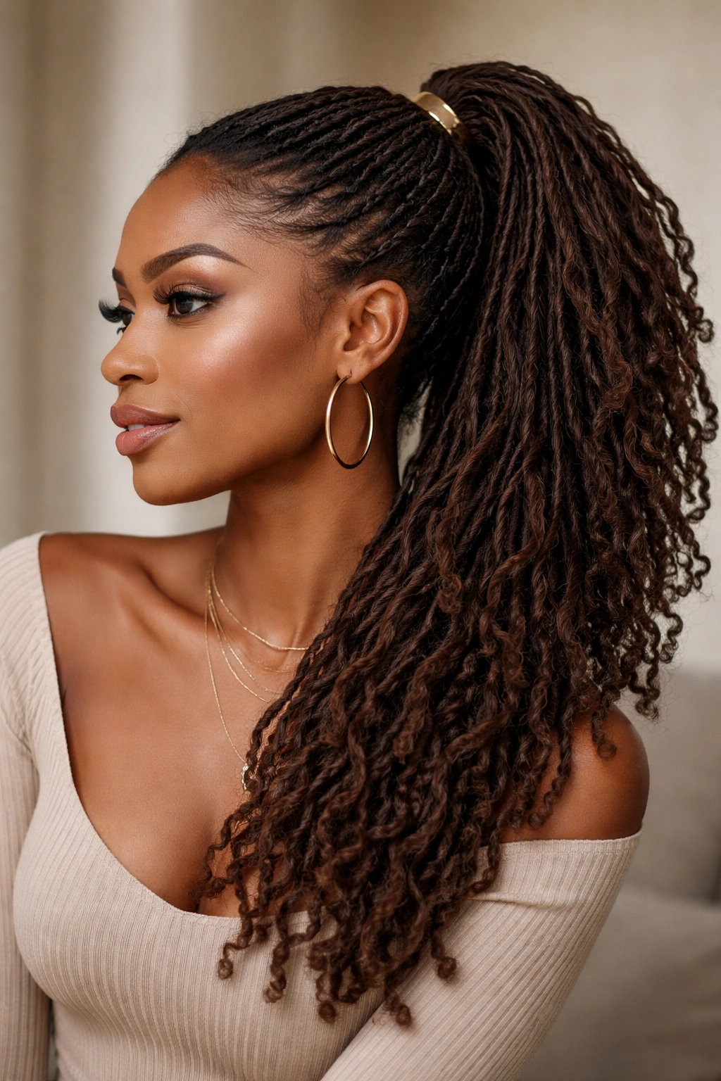 Side ponytail with locs cascading to one side in profile