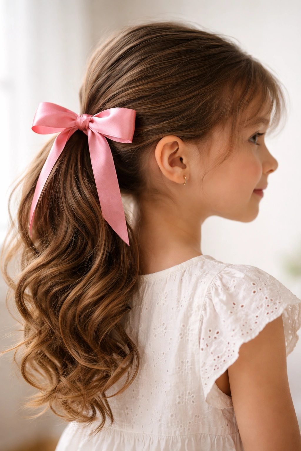 Close-up of side ponytail with ribbon wrapped around the elastic and tied into a bow.