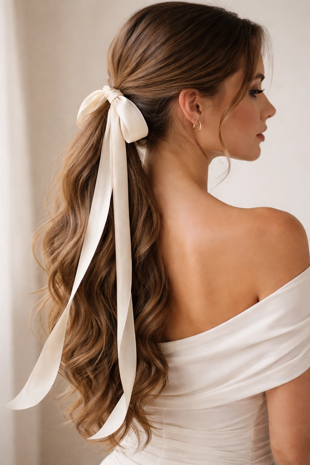Elegant side ponytail with cascading ribbon flowing beside the hair.