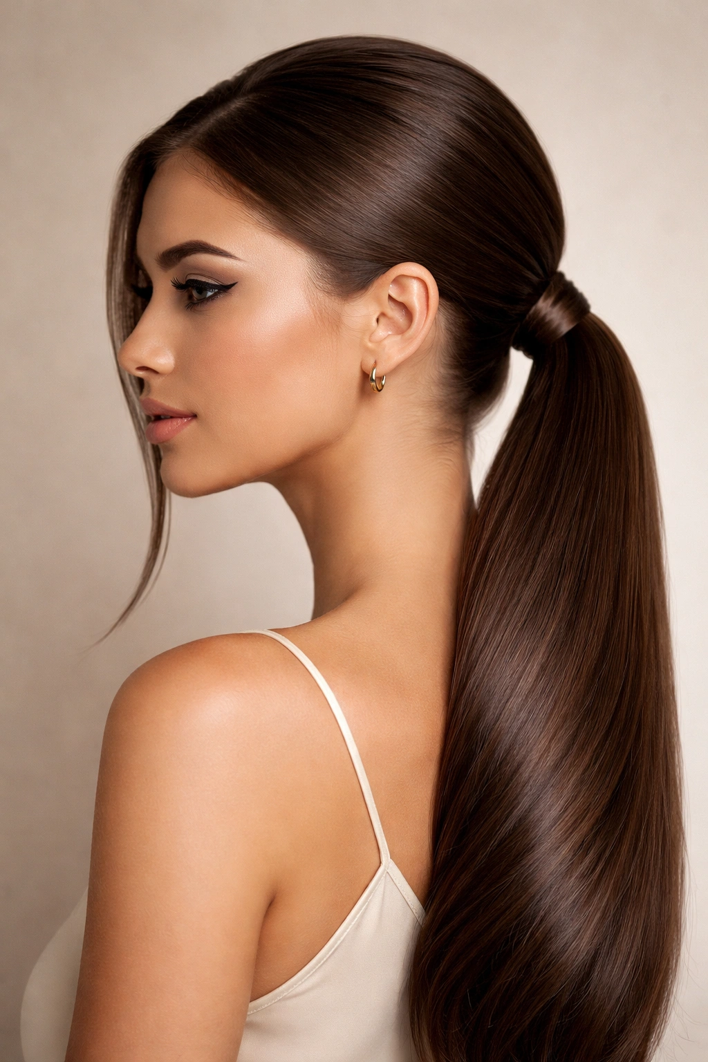 Side view of a side-sleek ponytail gathered near the ear with glossy hair