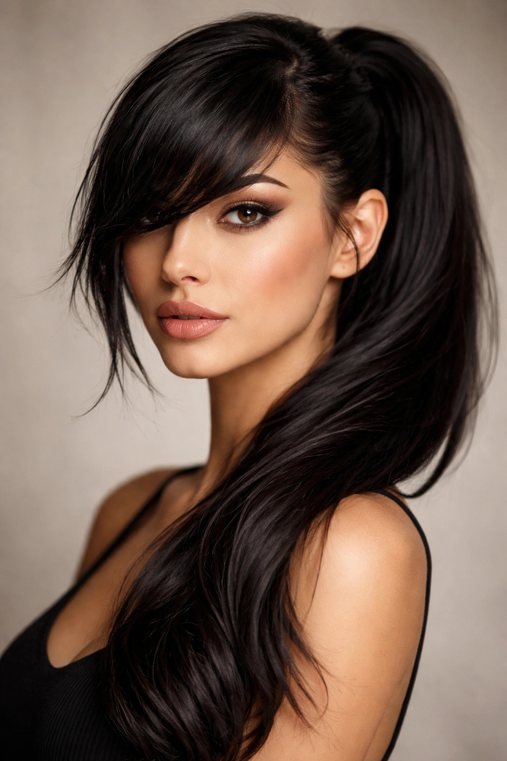 Close-up of a side ponytail with dramatic statement bangs framing the face