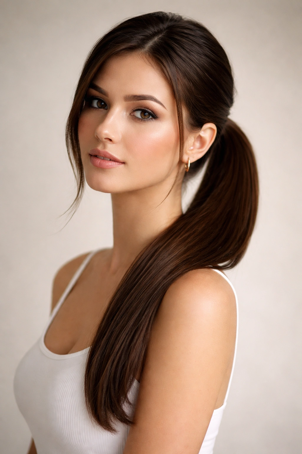 Close-up of side ponytail on straight hair with sleek drape over shoulder