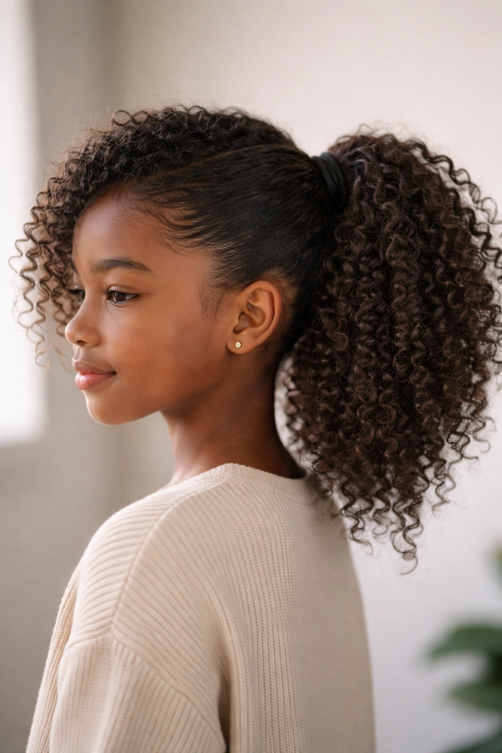 Profile of a child with a side ponytail showcasing textured volume