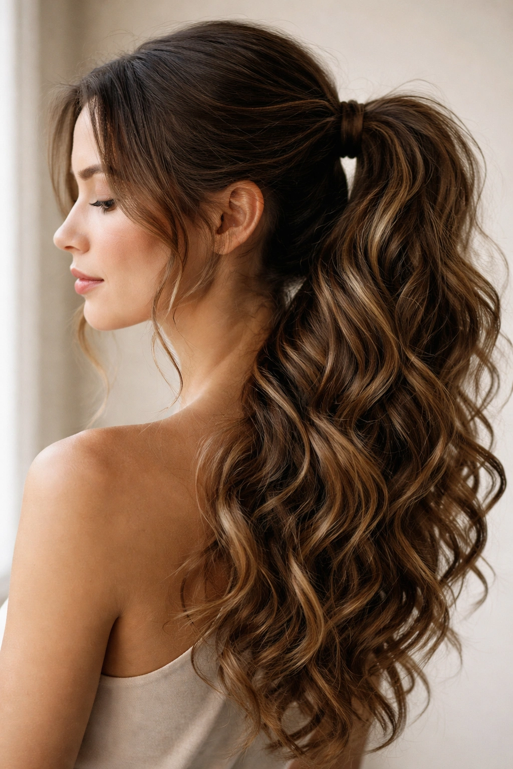 Side view of a side ponytail with loose waves over the shoulder