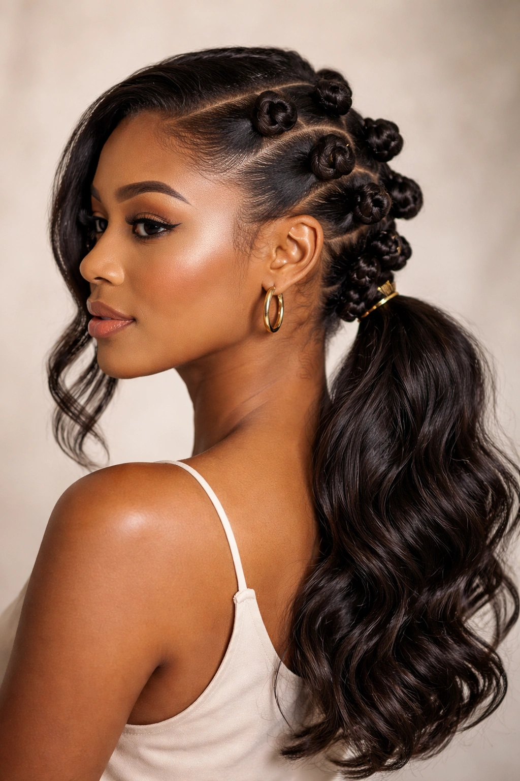 Side-swept Bantu knots gathered into a low off-center ponytail.