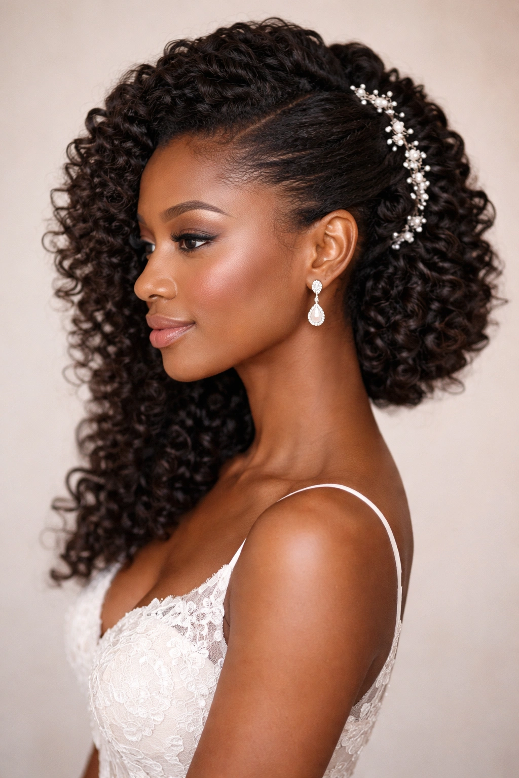 Side-swept coily hair pinned with decorative pins