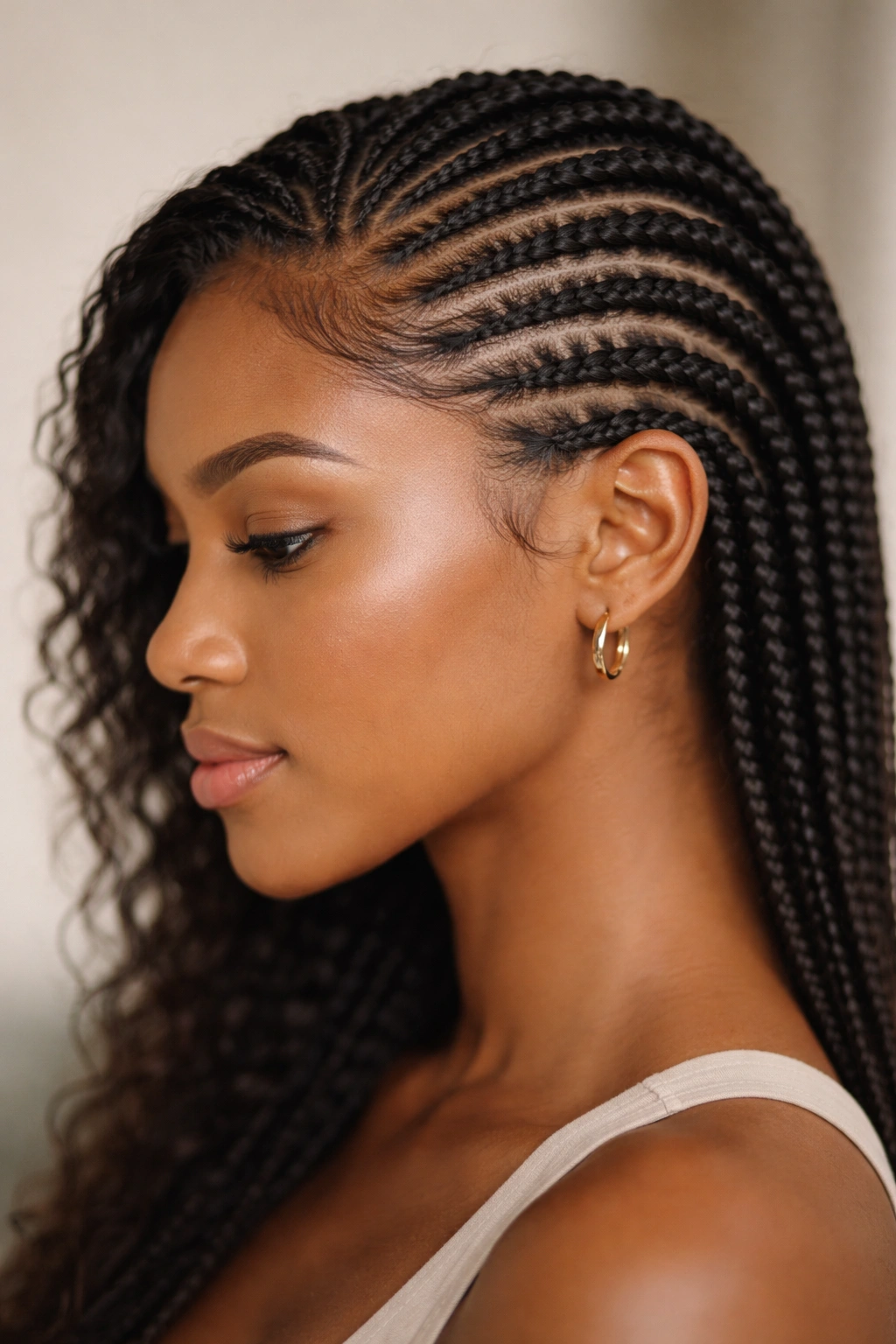 Profile view of side-swept cornrows with front release exposing hairline