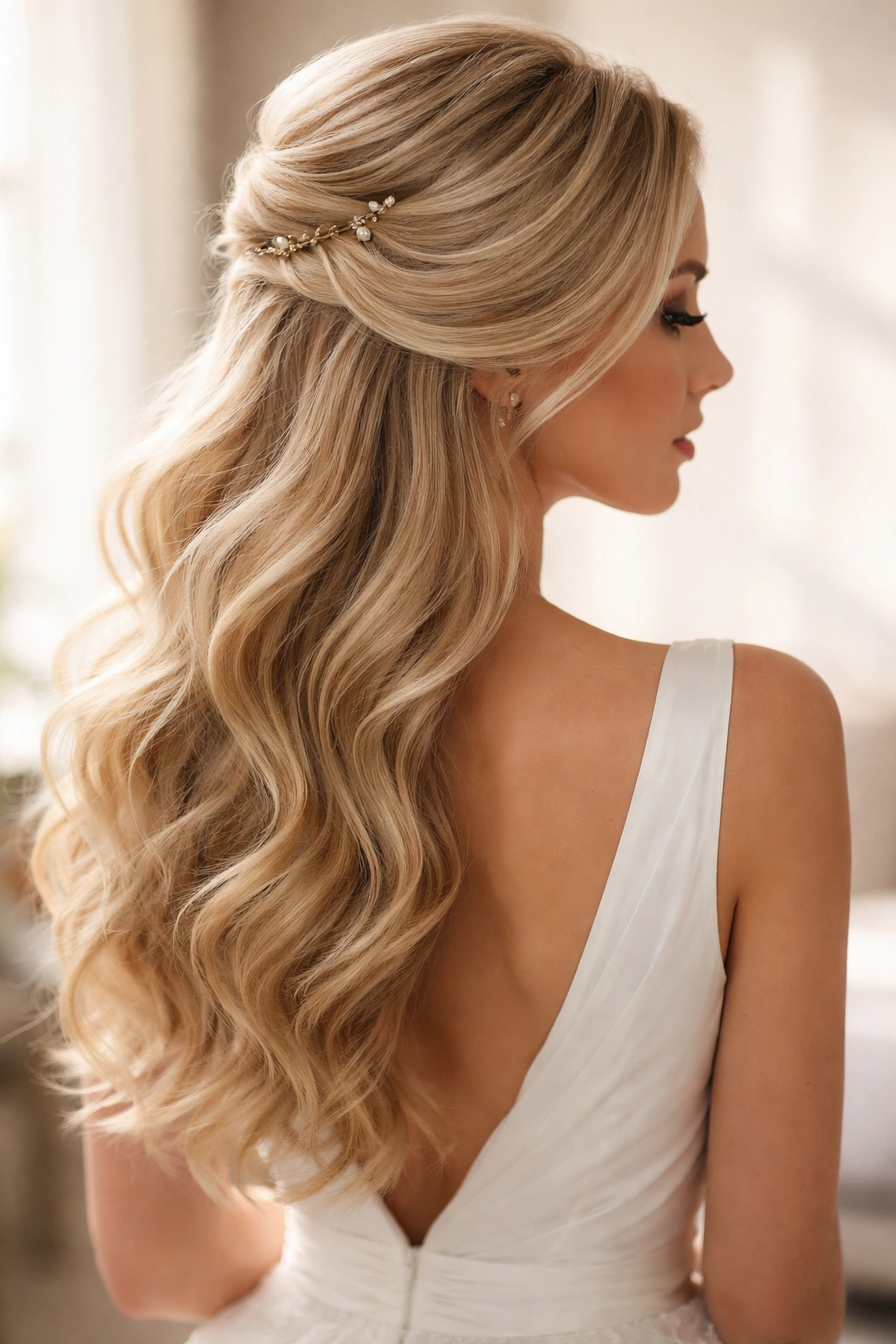 Side-swept blonde hair half-up style.