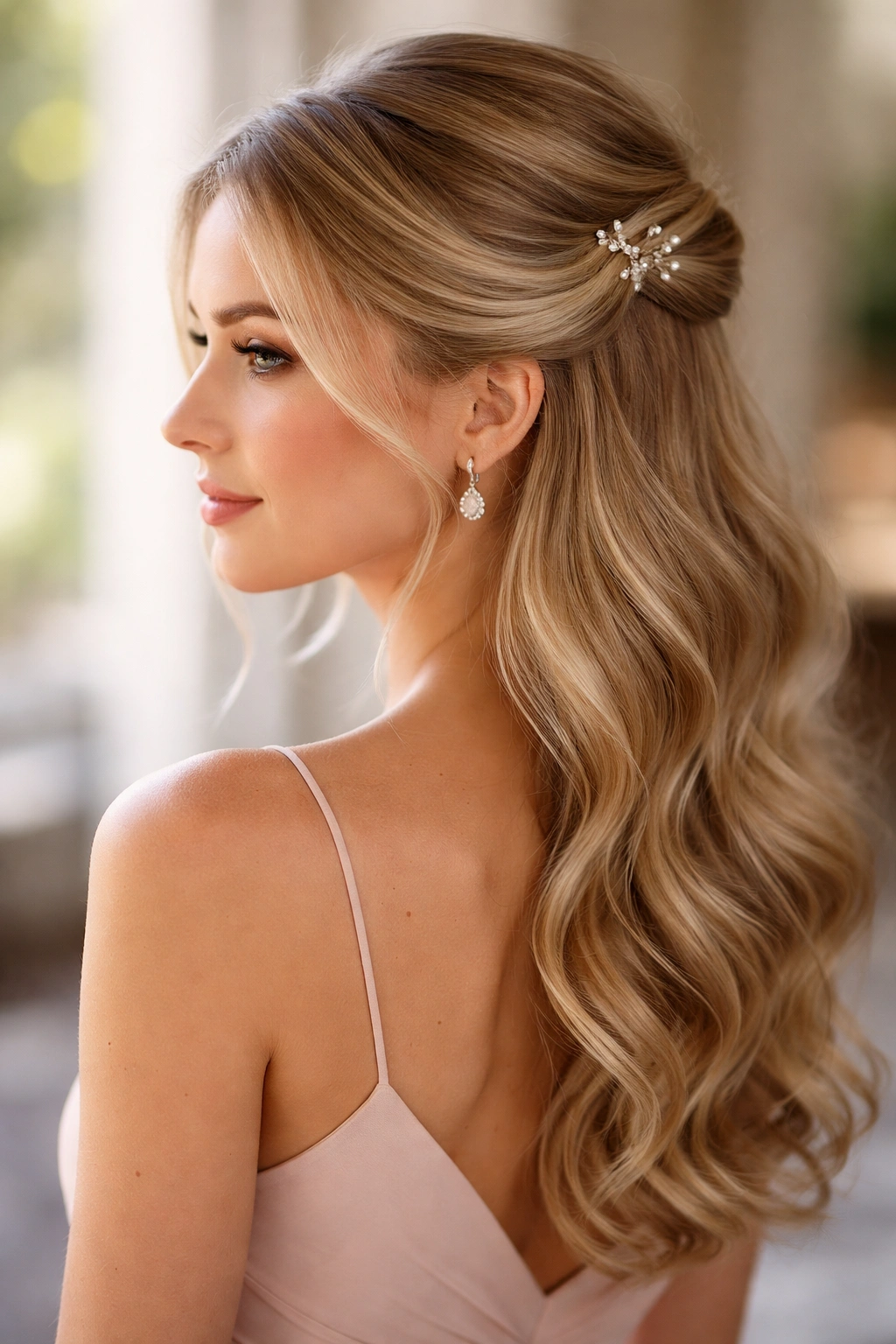 Half-up hairstyle with delicate side sweep for romantic asymmetry