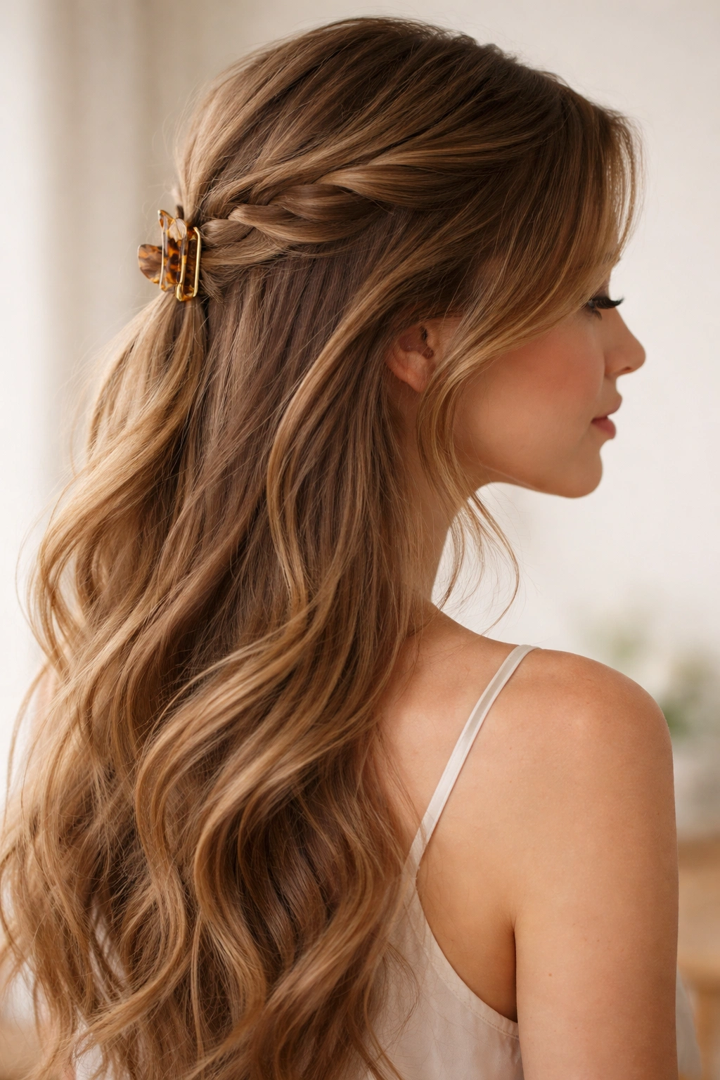 Side sweep half up hairstyle with a twist and back clip