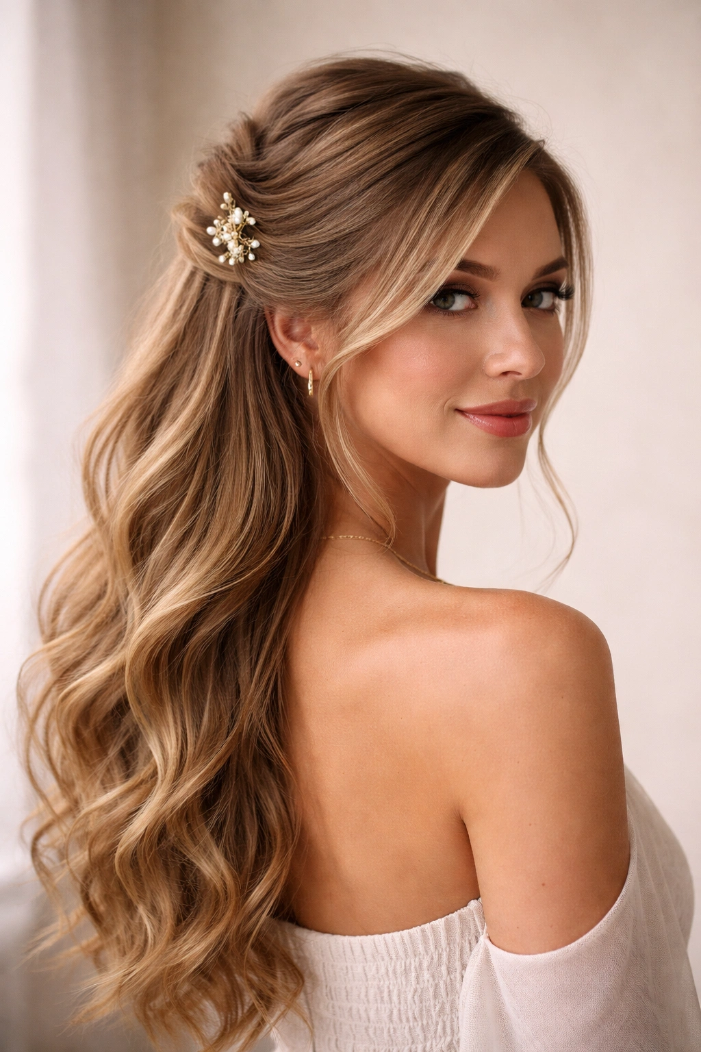 Asymmetrical half-up half-down hairstyle with side-swept gathered section