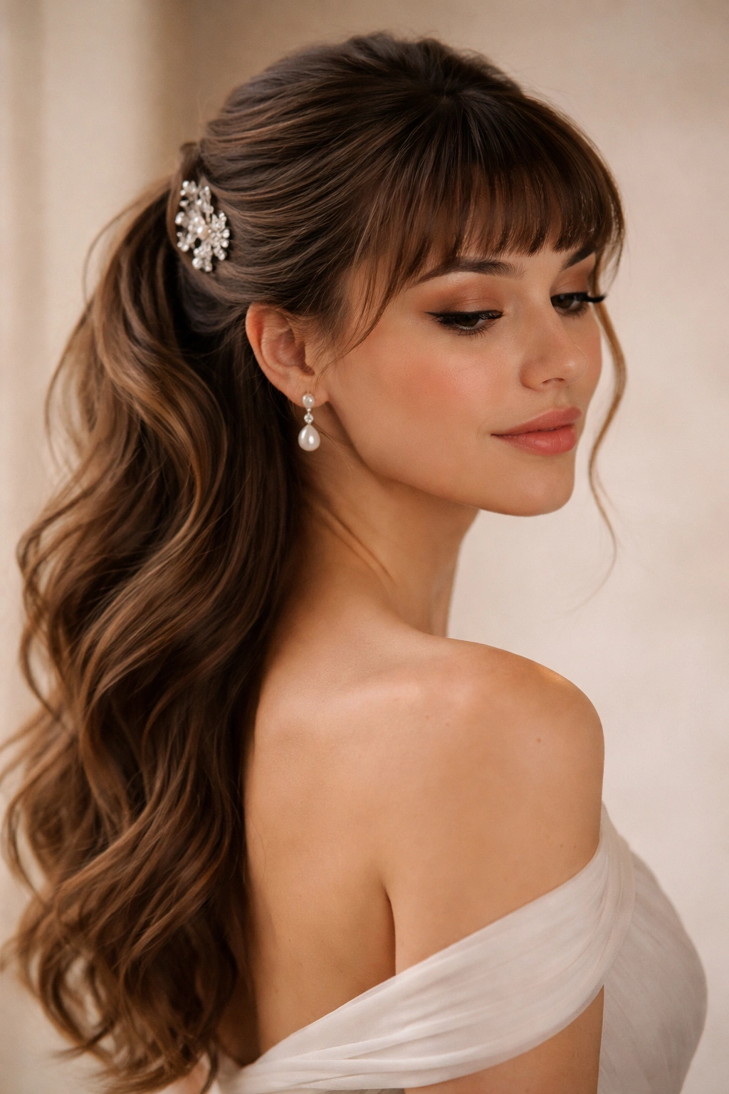 Romantic side-sweep half-up hairstyle with micro bangs