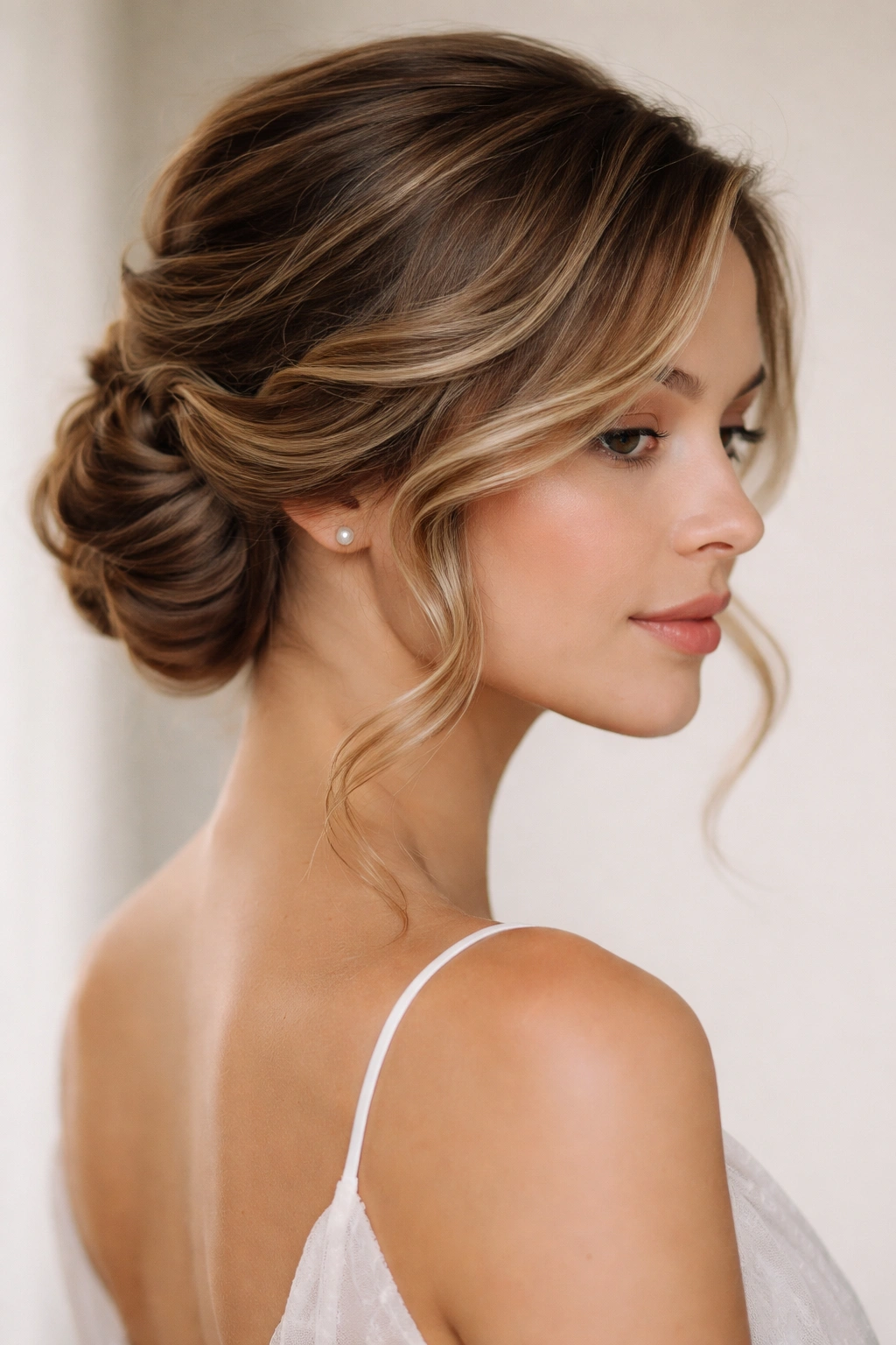 Side-swept updo with tucked waves visible from front