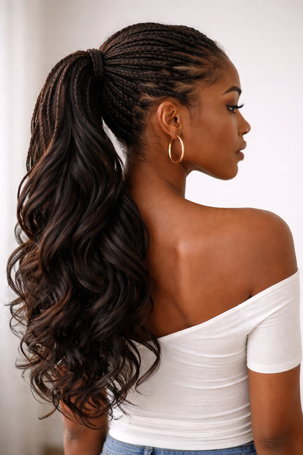 Side view of The Side Sweep Weave Ponytail draped over the shoulder