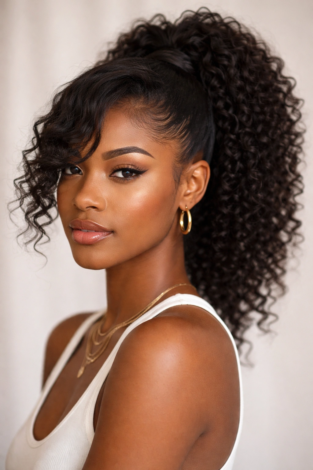 Profile view of a high ponytail with a side-swept bang