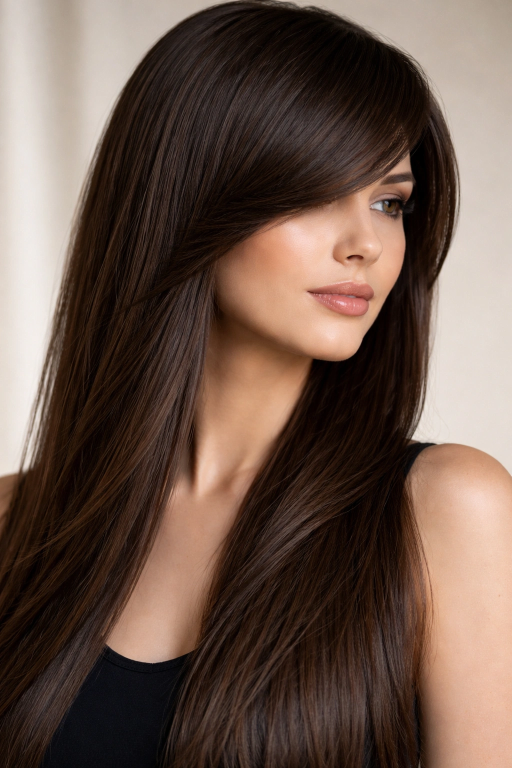 Close-up side profile of a person with side-swept bangs and sleek long layers highlighting cheekbone definition