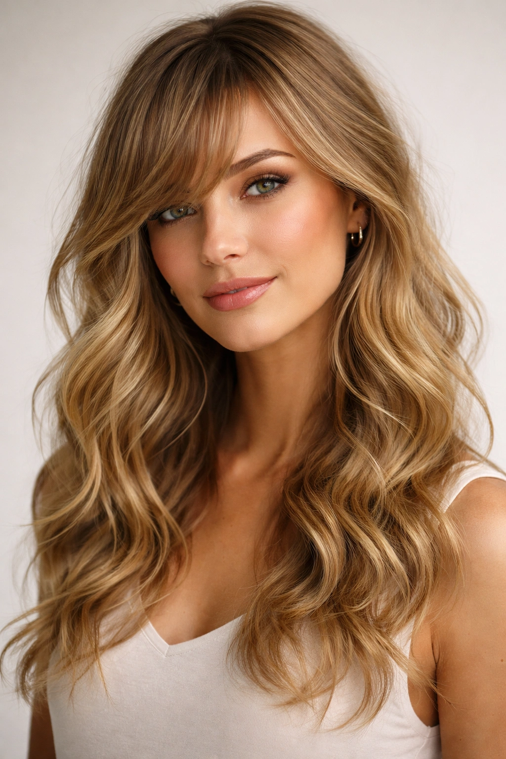 Side-swept bangs with loose curls in a studio portrait