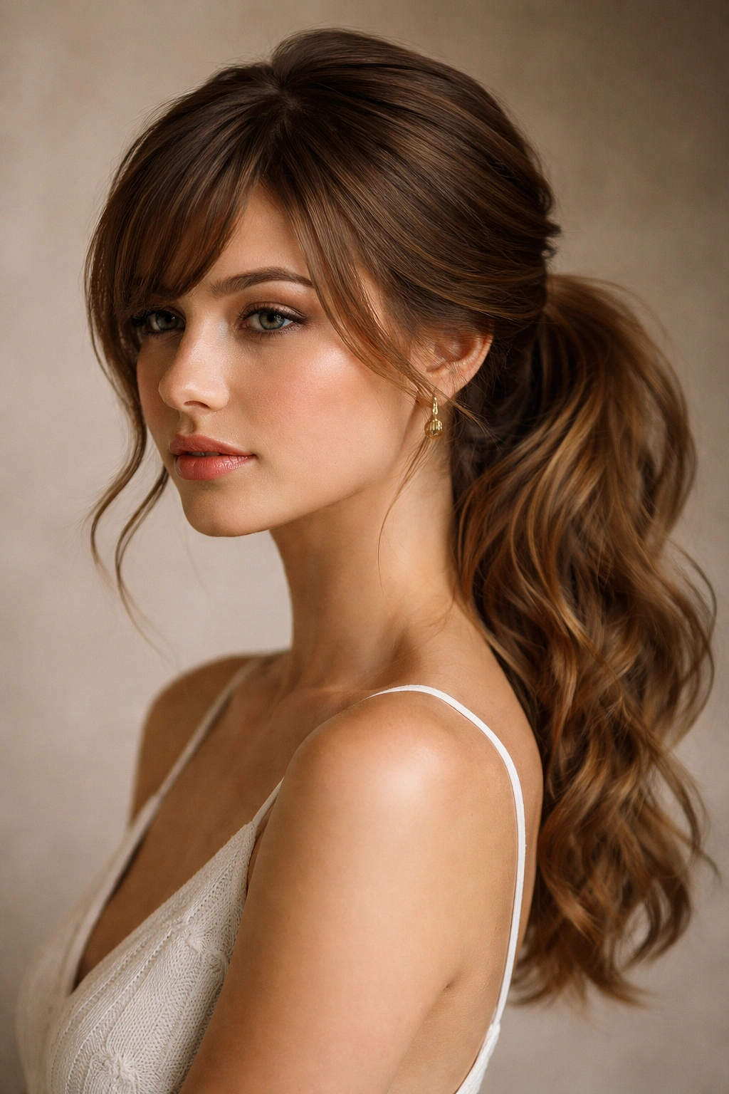 Side-swept bangs with a romantic low ponytail and soft waves