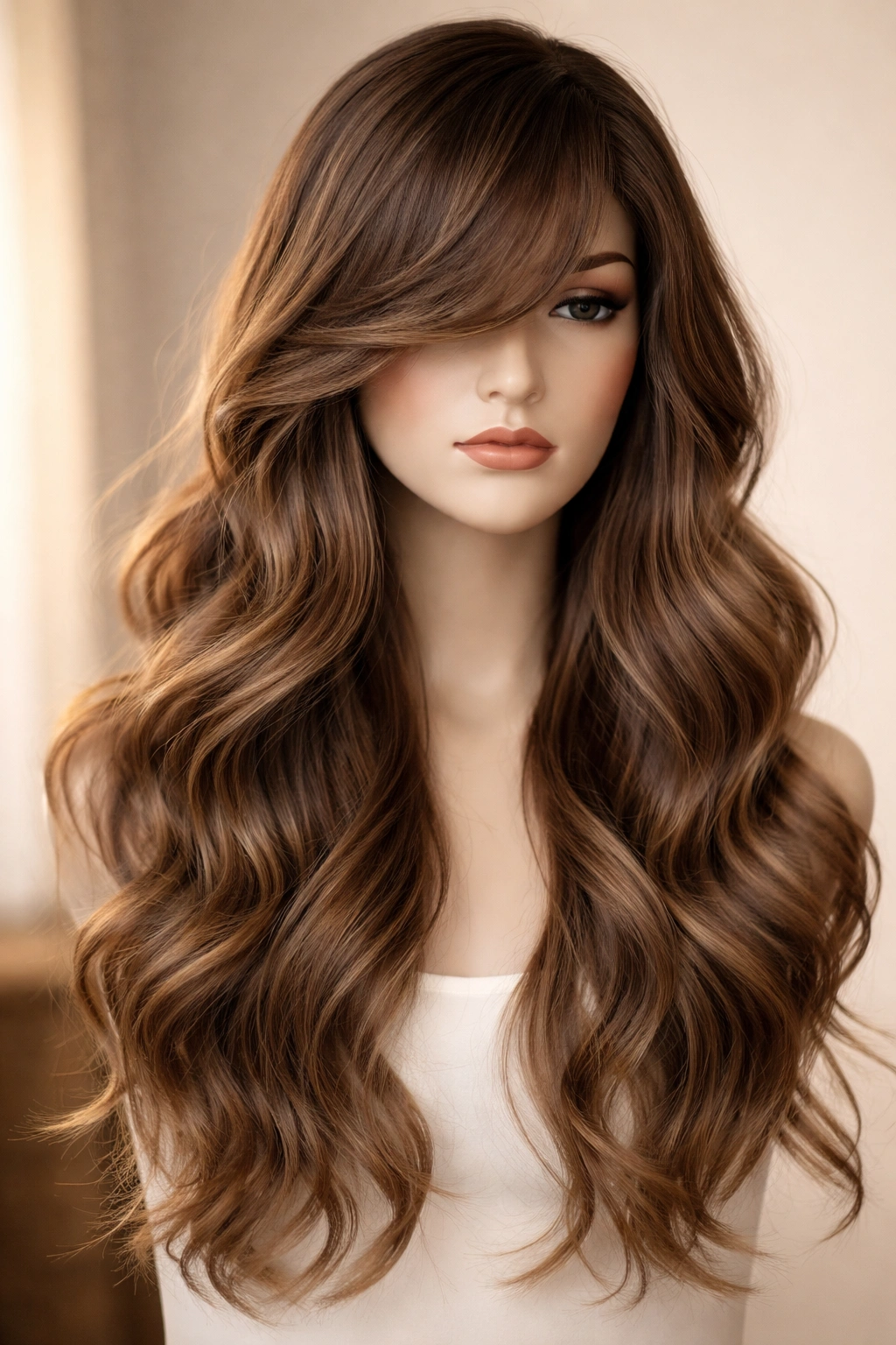 Side-swept bangs with soft S-waves across long hair