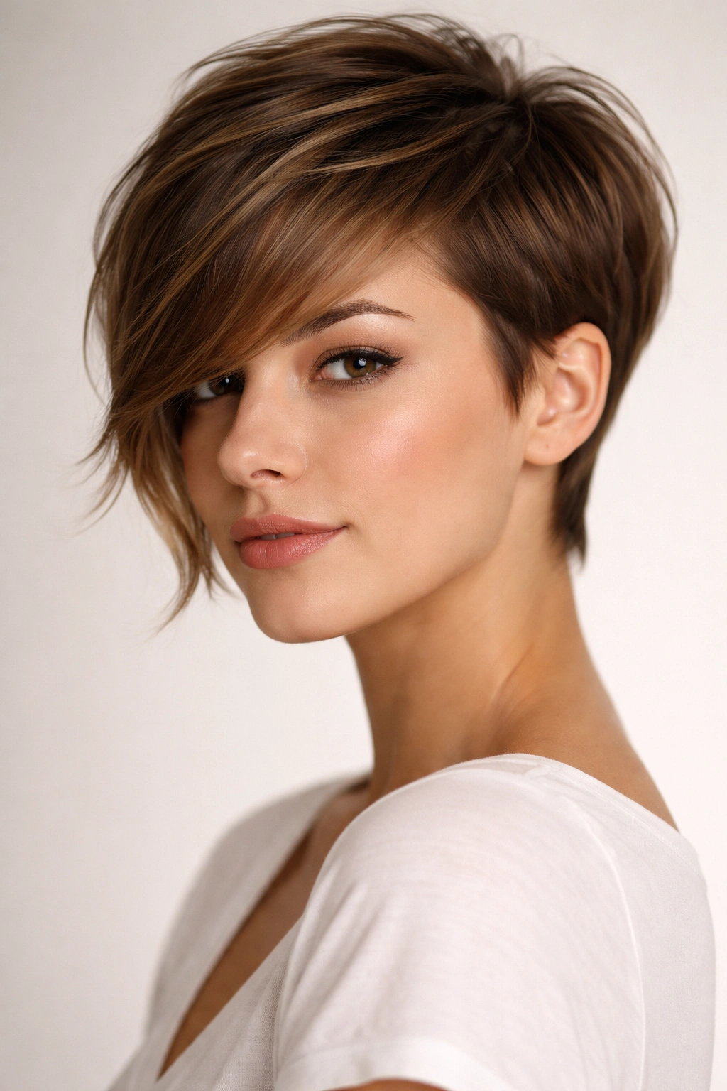 Short cut with side-swept bangs on straight hair