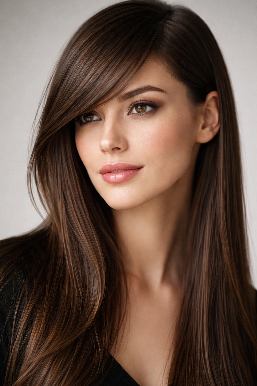Portrait of side-swept bangs diagonally across the forehead on straight hair