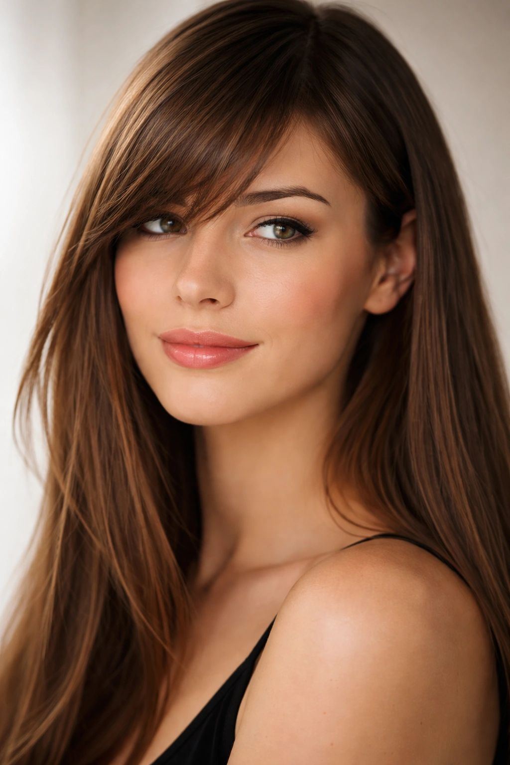 Close-up of side-swept bangs on straight hair with diagonal sweep.