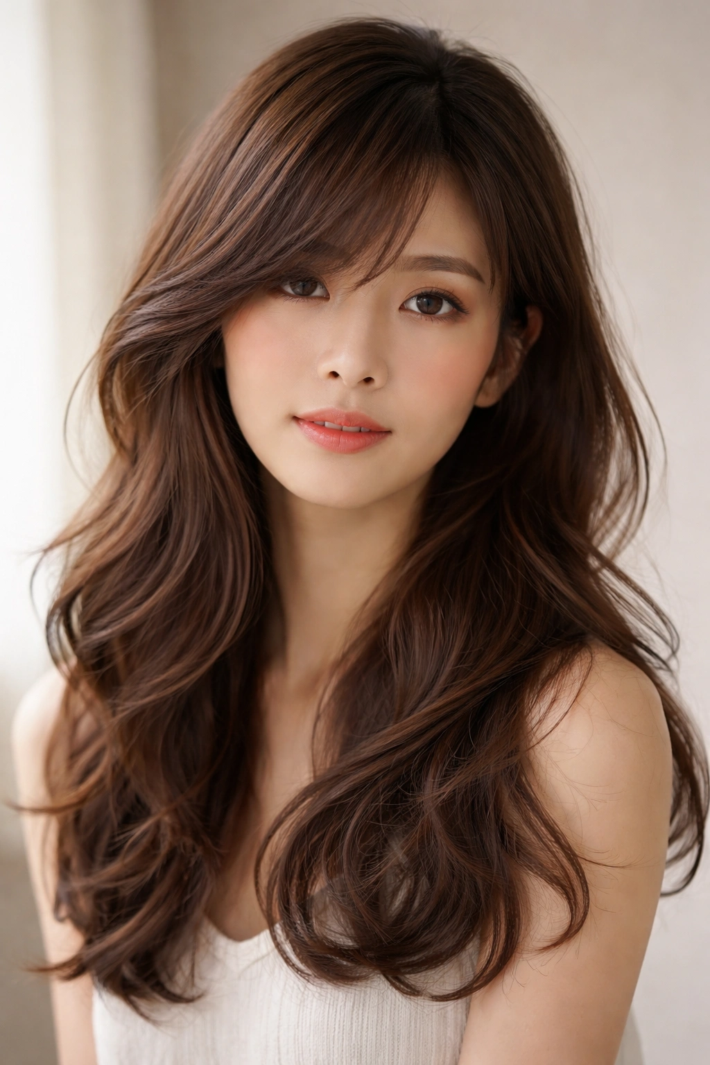 Side-swept bangs with volume on wavy medium-length hair