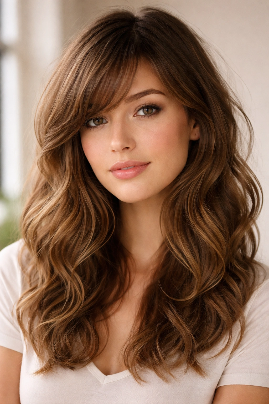 Side-swept bangs with tousled waves framing the face