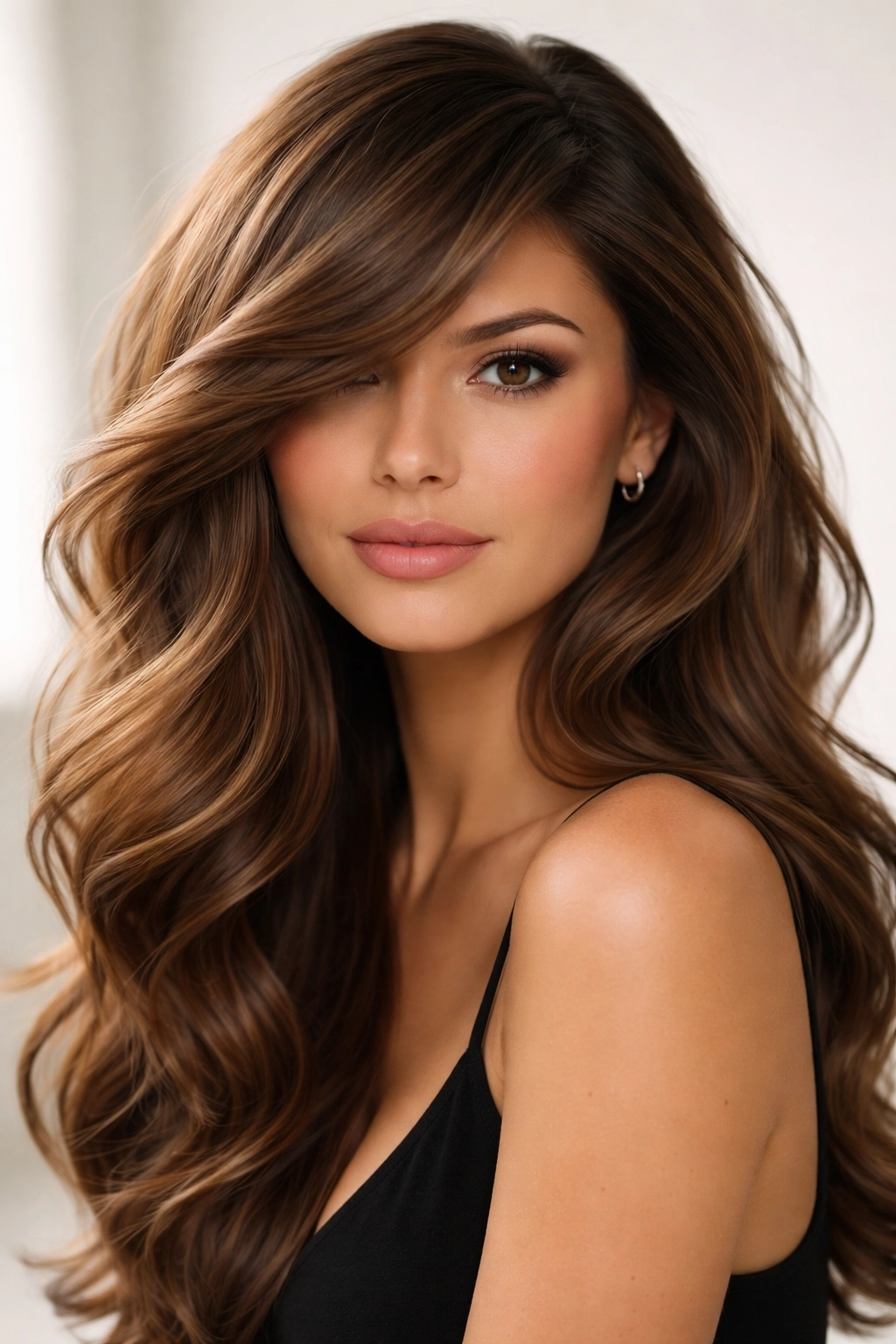Deep side-part with dramatic swept bangs and voluminous waves