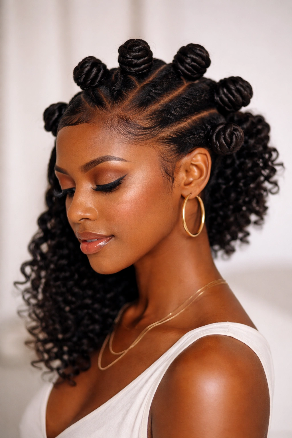 Side-swept bantu knots arranged diagonally across scalp