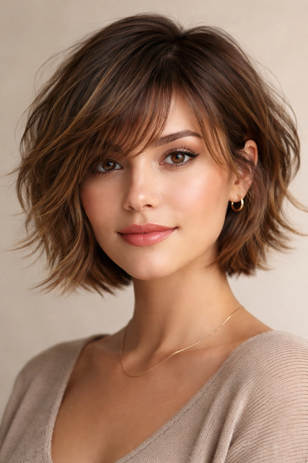 Side-swept textured bob with wispy bangs on a model, chin-length waves