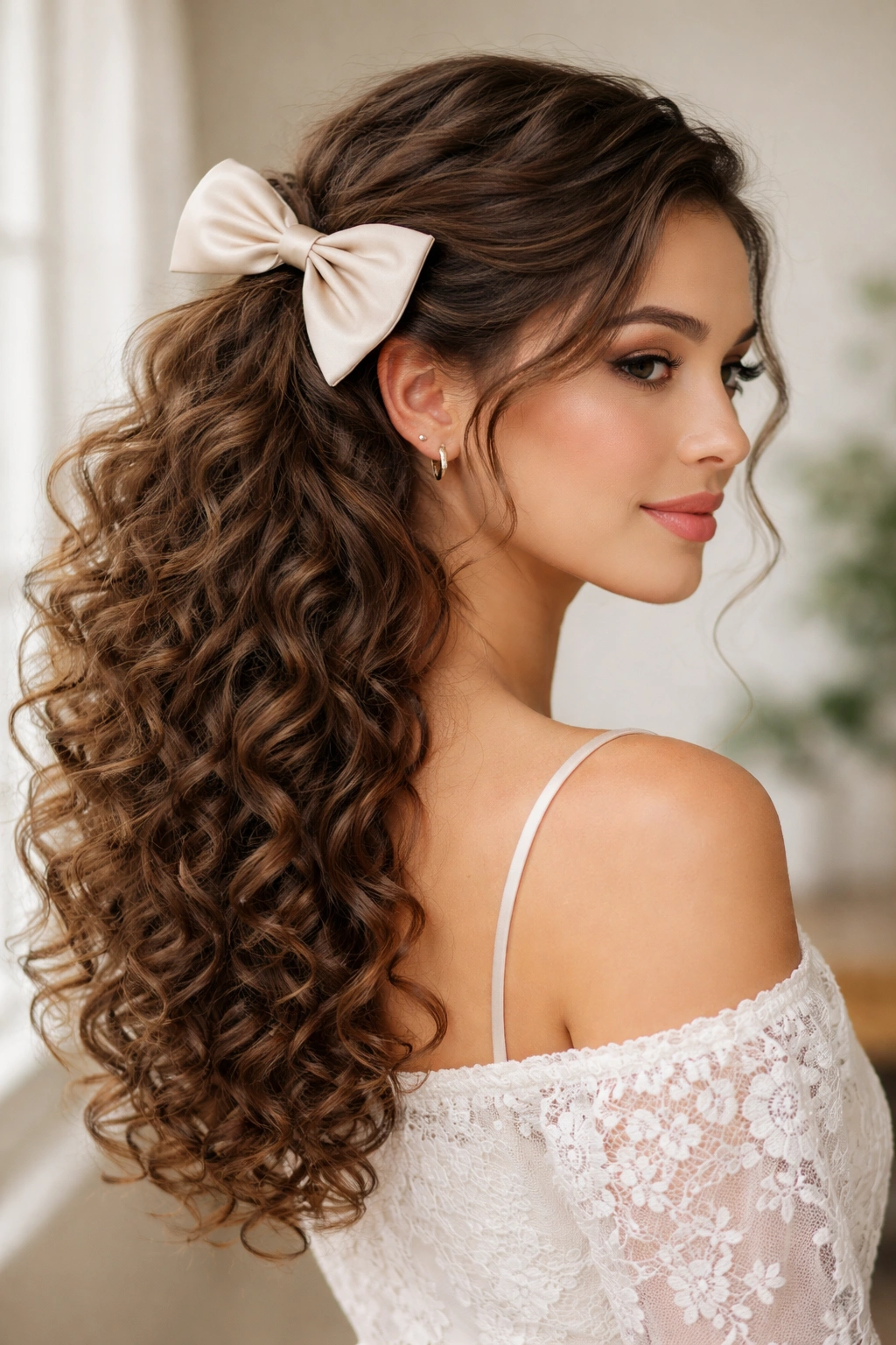Side-swept half-up bow hairstyle on curly hair
