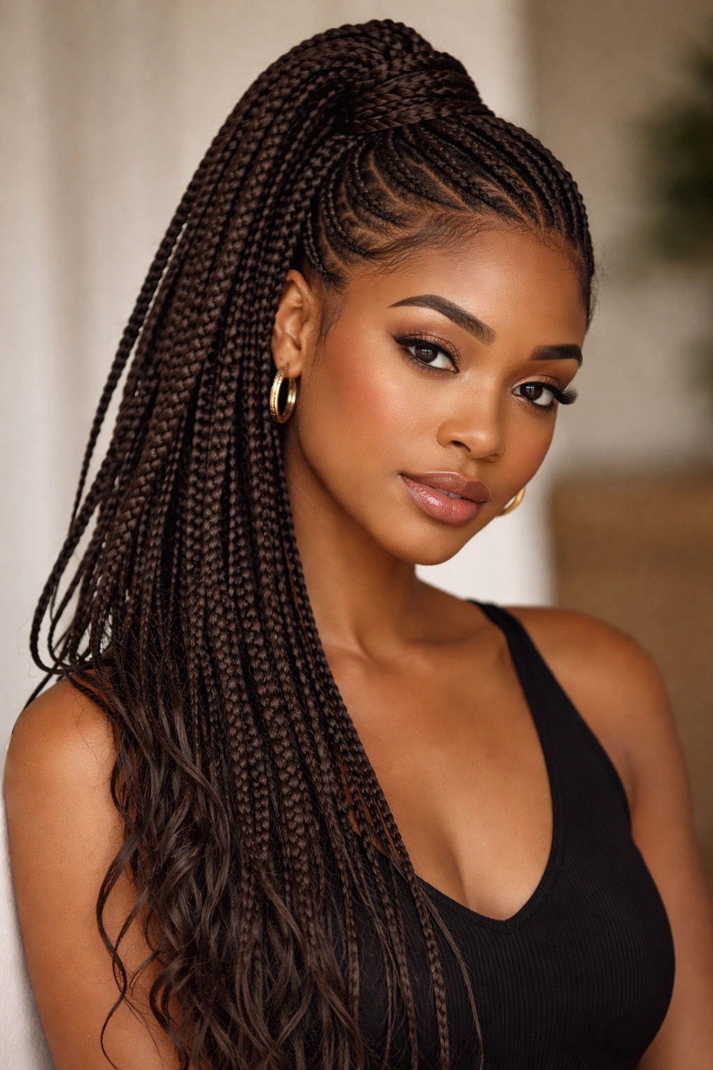 Side-swept half up box braids with dramatic diagonal pull