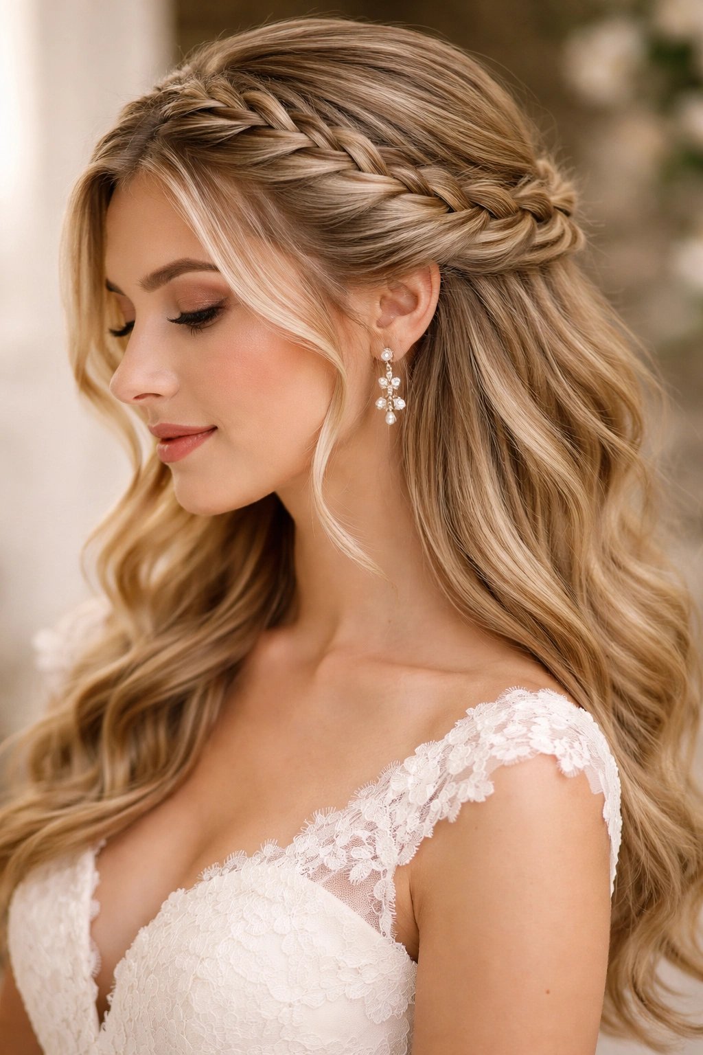 Asymmetrical side-swept bridal French braid half-up.