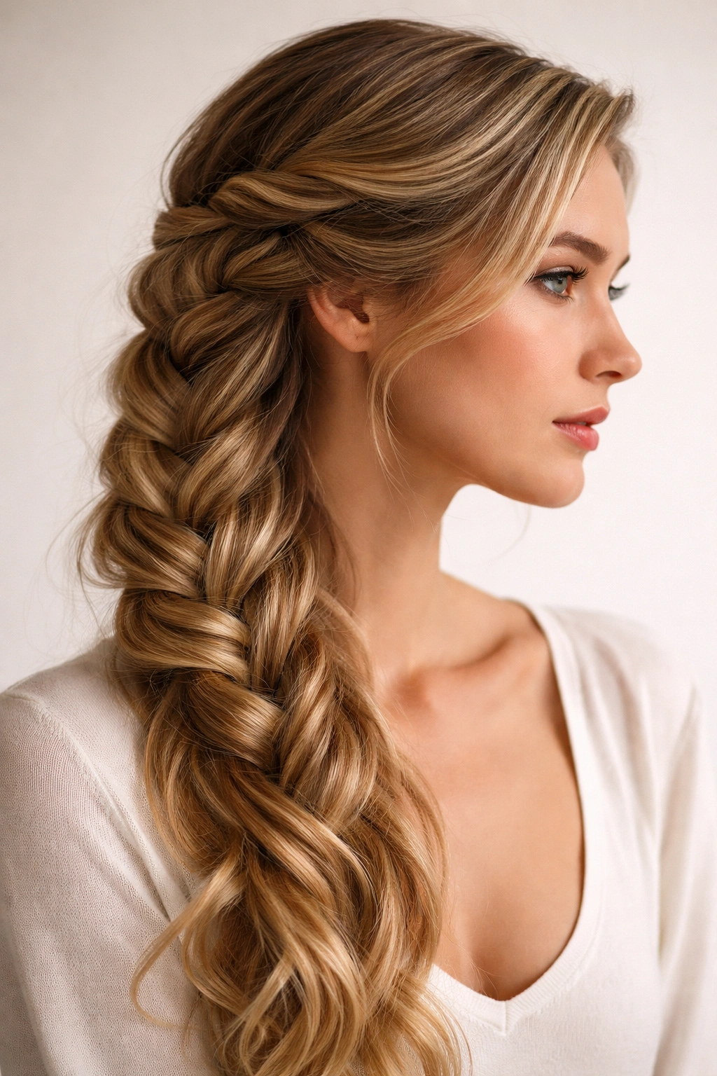 Profile view of a side-swept French braid reducing visible frizz by concentrating hair on one side