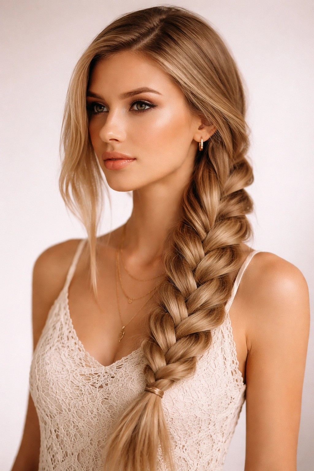 Close-up of a side-swept braid along the shoulder on straight hair