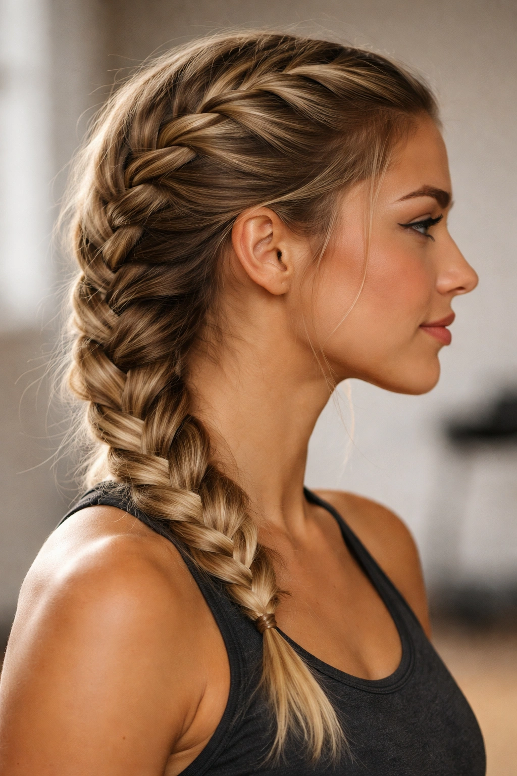 Close-up profile of a side-swept French braid starting at the temple and ending behind the ear