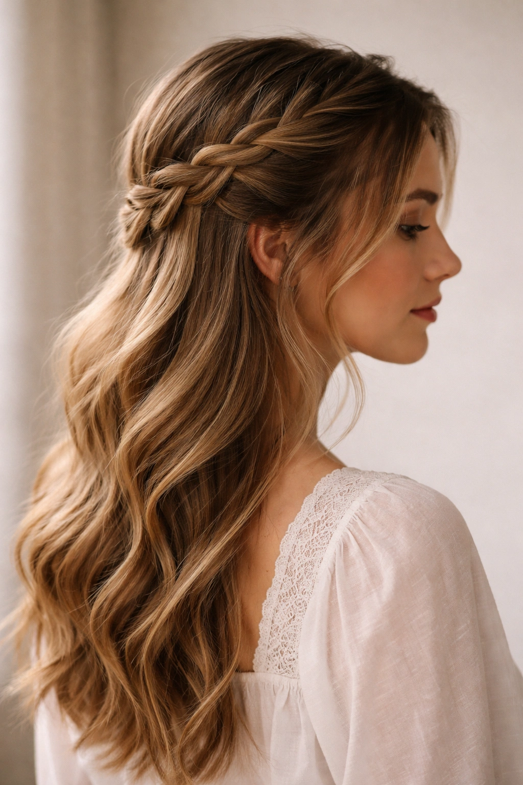 Profile view of a side swept braid half up diagonally across the head