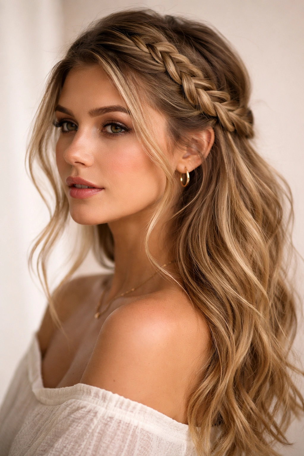 Side-swept braided half up hairstyle pinned behind the ear