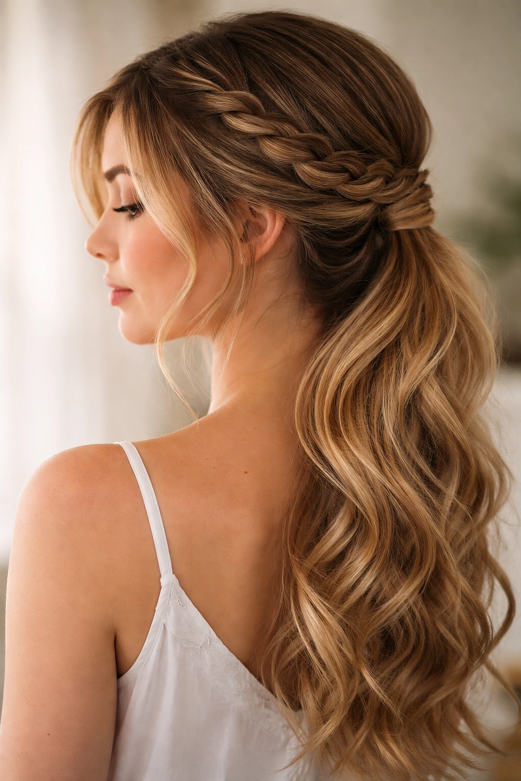 Three-quarter view of a side-swept braid half up with soft waves, creating romantic movement.