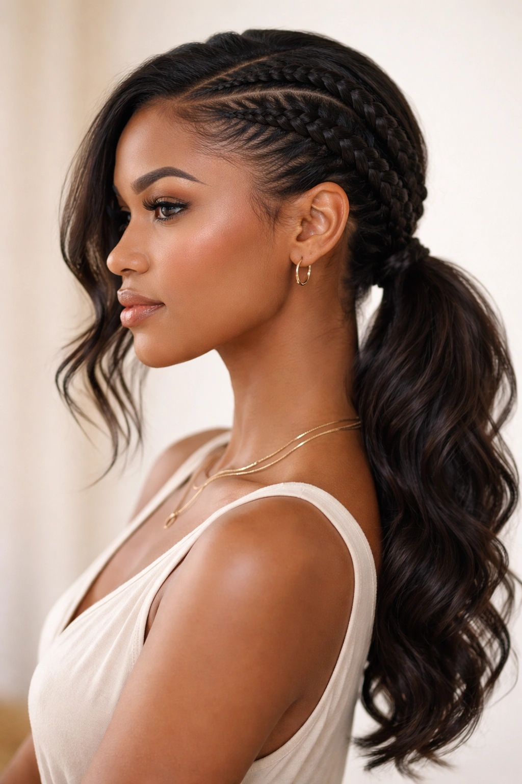 Profile view of Side-Swept Feed-In Braid with Low Pony