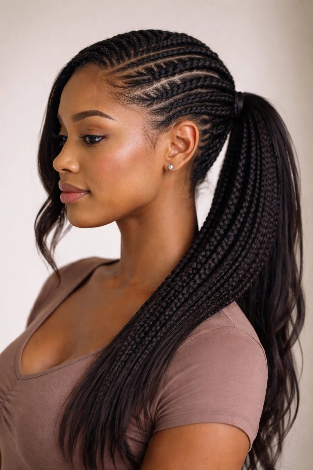 Profile view of a diagonal cornrow feeding into a side ponytail