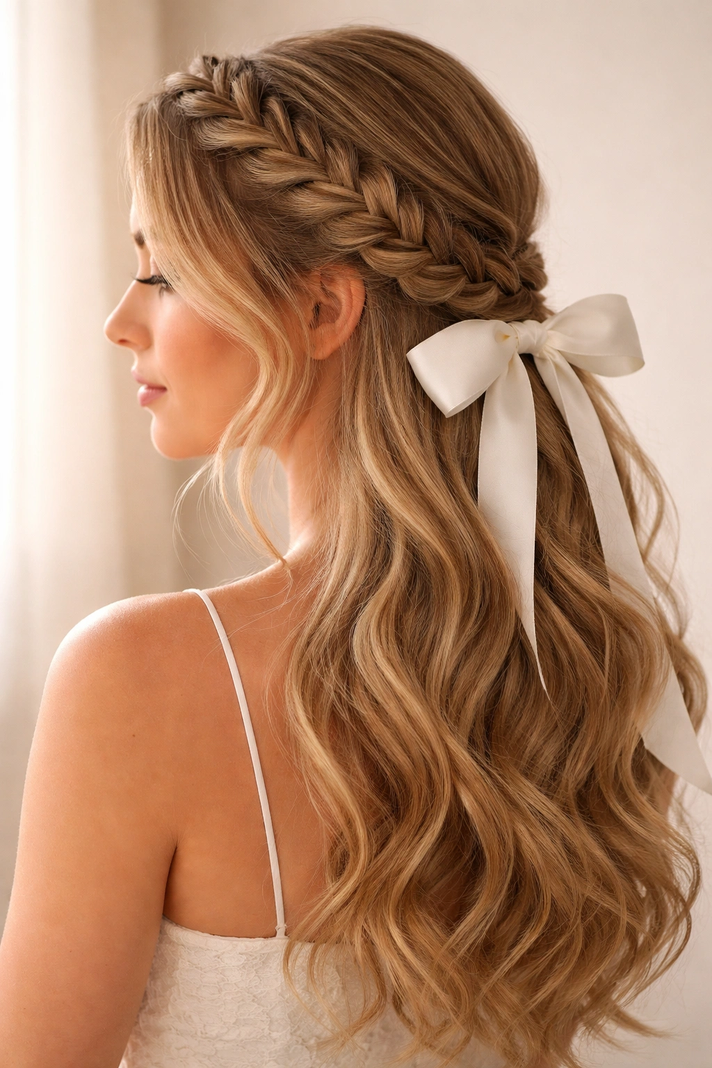 Profile view of a side-swept braid ending in a ribbon bow